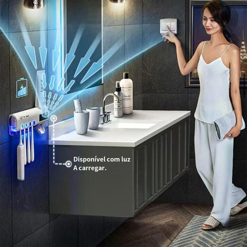 UVBrush Pro™ – Suporte com Esterilizador UV e Dispenser Automático de Creme Dental